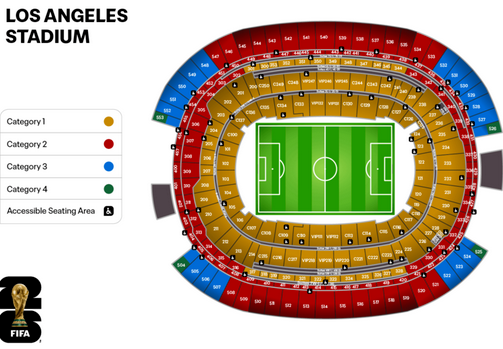 Seating chart of Los Angeles Stadium with color-coded categories and FIFA logo.
