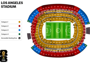 Seating chart of Los Angeles Stadium with color-coded categories and FIFA logo.